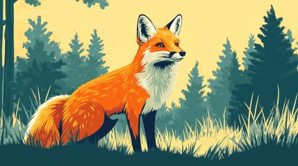 Obraz premium A vibrant illustration of a fox sitting gracefully in a forest setting.