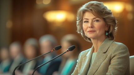 A female speaker confidently presents her ideas at a corporate business conference, engaging the audience with insightful content and clear articulation.