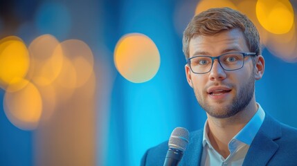 A male speaker confidently addresses attendees at a corporate business conference, sharing valuable insights while standing before a microphone.