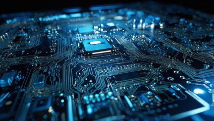 Modern technology circuit board texture background design. Waves flow. Quantum explosion technology. Quantum computer technologies concept. Futuristic blue circuit board background