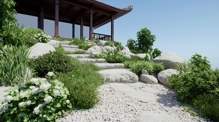 Fototapeta premium Stone Steps Leading to Traditional Asian Pagoda with Lush Greenery