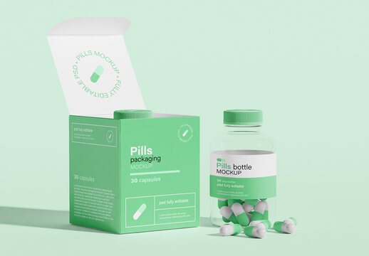 Pills Bottles and Box Packaging Mockup