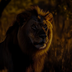 Naklejka premium Majestic lion resting near a tranquil waterfall