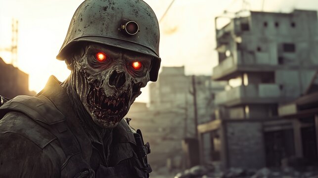 A zombie soldier with a helmet and glowing red eyes
