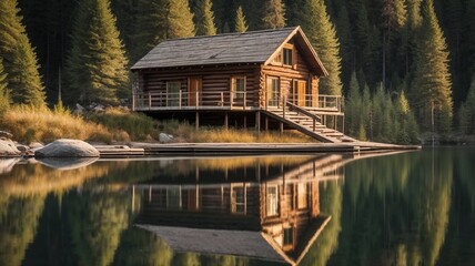 Fototapeta premium Lakeside cabin with wooden dock, peaceful wilderness retreat, rustic forest getaway with mirror reflection 