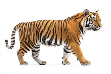 Obraz premium A Bengal tiger walks with its head turned towards the right. Its stripes are prominent and clearly visible against the white background.