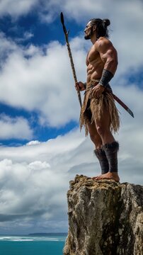 A Māori warrior proudly stands on a cliff by the ocean, wielding a taiaha