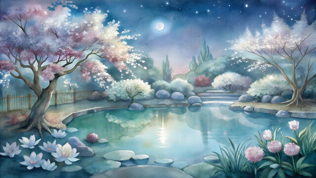 Serene watercolor garden scene background with blooming chrysanthemums, willow trees, and a shimmering pond reflecting the moonlight, creating a peaceful setting for Zhongqiu