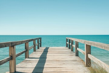Obraz premium A peaceful wooden pier extends into a vast, serene ocean under a clear blue sky, evoking calm and tranquility.