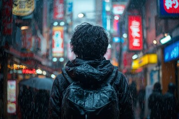 Obraz premium A solitary figure walking through a bustling city street in the rain.