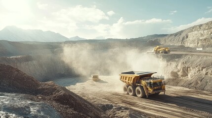 Mining industry operation with heavy machinery in a large open-pit mine, digging for minerals.