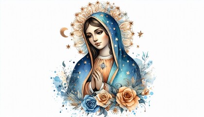 Naklejka premium mary Our Lady of Guadalupe, serene expression, blue mantle with stars, crescent moon, floral patterns in watercolor illustration