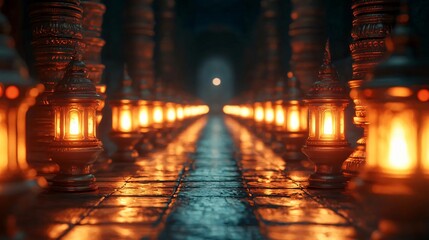 Obraz premium A captivating pathway lined with glowing lanterns, leading to a mysterious light in a serene, darkened space.