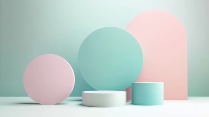 Fototapeta premium A minimalist display featuring pastel-colored geometric shapes including circles and arches, set against a soft background.