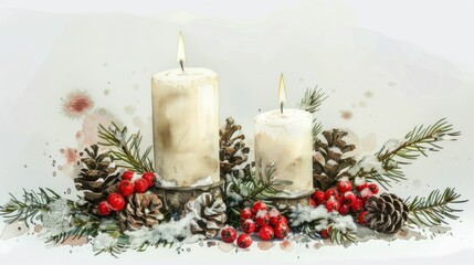 White candles, red berries, and pine cones 