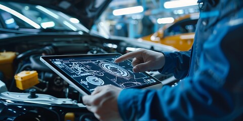 Auto mechanic using a digital tablet to check the status of the car
