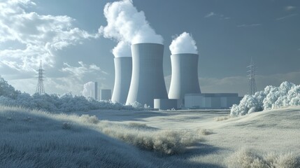 Obraz premium Nuclear power station with cooling towers in the background, symbolizing efficient electricity generation.