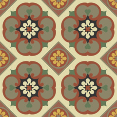 Browny flowers on tiles, retro vintage inspiration for floors with muted earthy colours. Vector illustration. Retro tile with medieval floor inspiration. 