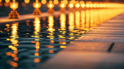 A tranquil scene showcasing shimmering water reflecting soft golden lights along a serene pathway, creating a peaceful ambiance.