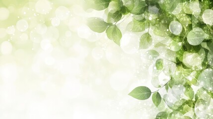 Fototapeta premium A gentle, soft-focus image featuring lush green leaves and a sparkling bokeh effect, evoking a serene, natural atmosphere.