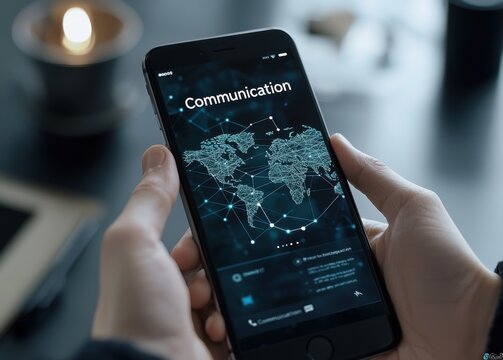 Hands holding a smartphone with digital map overlay representing global communication and connectivity concepts