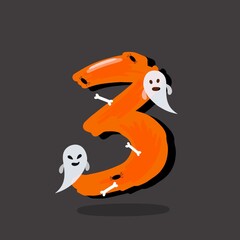 Cartoon Halloween numbers, evil type, funny scary typeface, spooky monster  numbers. Vector Halloween numbers with Halloween holiday horror ghost, spider and  bone .