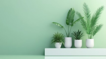 A serene arrangement of indoor plants in white pots against a soft green wall, creating a calming and fresh aesthetic.
