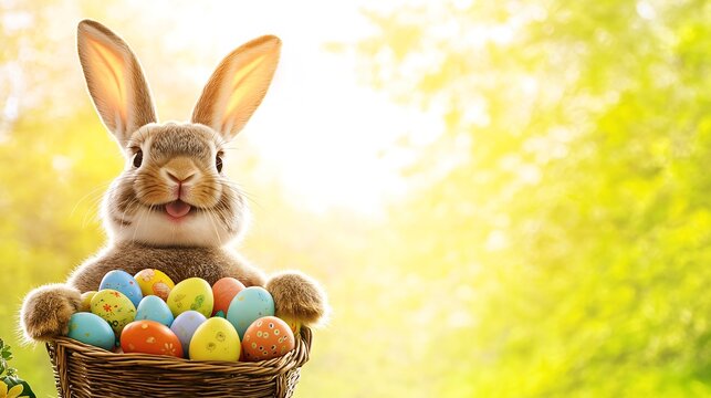 Cute bunny holding basket of easter eggs with copy space, Easter banner.