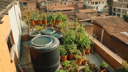 Obraz premium Rainwater harvesting systems installed on rooftops, collecting water for reuse and conservation.