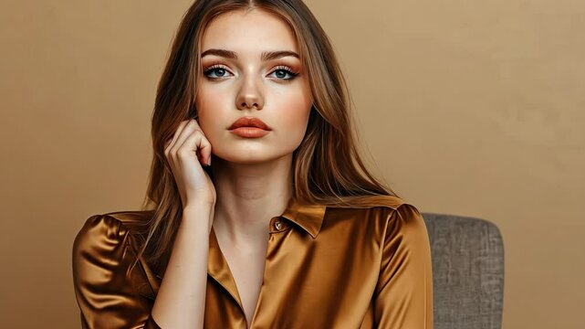 of charming lovely lady wear brown satin stylish blouse sit office armchair look empty space isolated on khaki color background Video