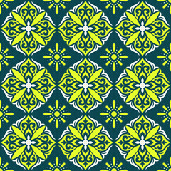 Fototapeta premium Mediterranean ornaments and tiles. Spanish, Portuguese Italian Green Color Tiles. Talavera Pattern
