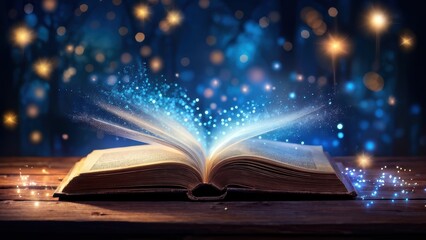 An open book emits magical sparkles in a mystical forest setting.