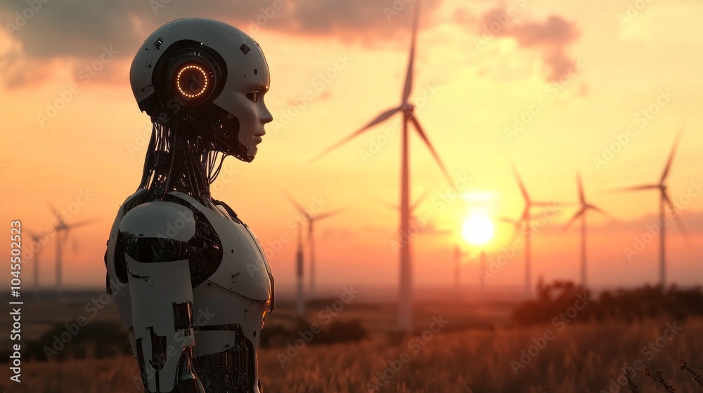 Poster A robot stands in a field of wind turbines