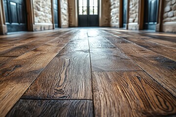 Close-up View of a Distressed Wood Floor with Natural Light Streaming In