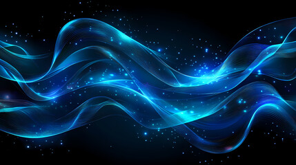 Blue neon background with flowing wave patterns and luminous highlights, creating an energetic and lively visual. Neon Light Art. Illustration