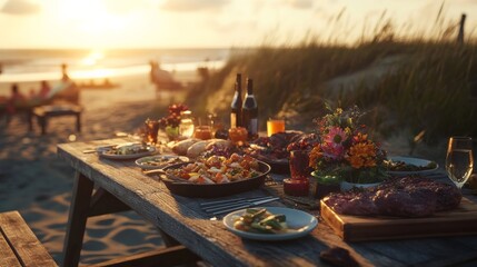 Enjoy a beachside feast at sunset with delicious food and drinks, perfect for gatherings and celebrations with friends and family.
