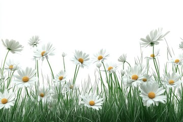 A border of white daisies in a field of green grass against a white background.