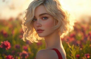 Naklejka premium a beautiful blonde woman with short wavy hair and blue eyes, wearing a red dress in a flower field