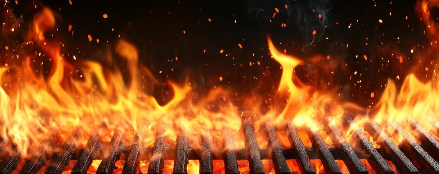 Barbecue grill  with intense flames with a black background, empty BBQ grill close up isolated for steakhouse shot