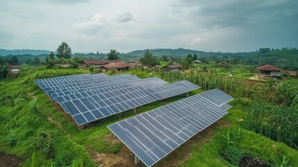 Small-scale solar farms with neatly arranged panels providing clean energy to local communities.