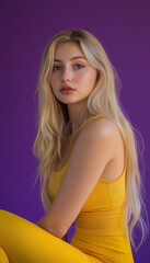 Naklejka premium Blonde girl in yellow top and yellow leggings against purple studio wall background