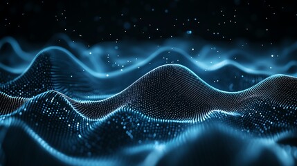 Abstract digital wave pattern with glowing dots on a dark background, representing technology and data flow. Futuristic and dynamic.