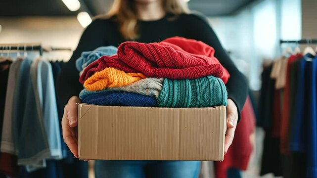 In a well-lit room, volunteer hands hold a donation box filled with colorful clothing, from blue jeans to red scarves, creating a sense of warmth and community care