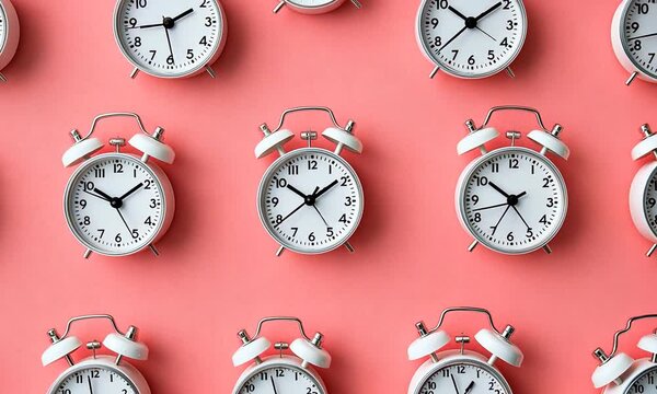 A pattern of white alarm clocks on a pink background, symbolizing time management and urgency.