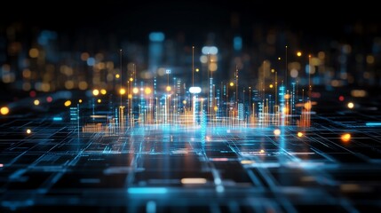 Futuristic digital cityscape with glowing lights and technology elements, representing innovation and connectivity.