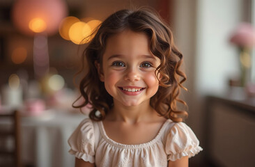 Portrait of a cute little girl with curly hair smiling at camera on birthday background.