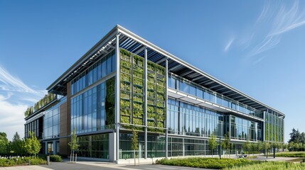 Obraz premium Highlight a modern office building featuring green design elements, such as solar panels or vertical gardens.