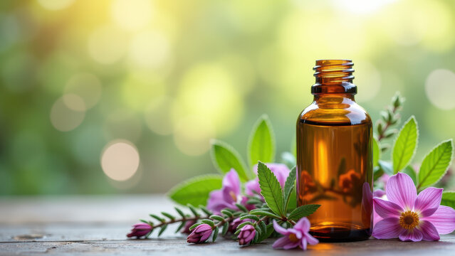 Aromatherapy oil bottle surrounded by vibrant flowers and greenery, symbolizing natural beauty, relaxation, and holistic health.