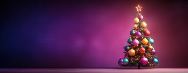 Fototapeta premium Colorful Christmas tree with ornaments, illuminated against a vibrant background. Generative ai
