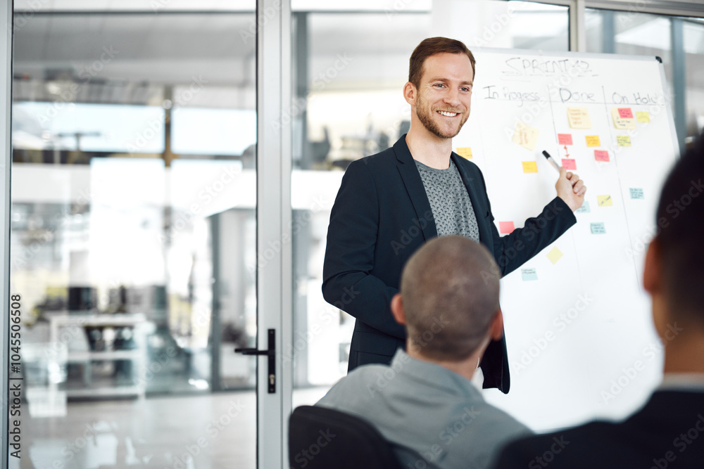 Poster Man, presentation and notes on whiteboard for planning, timeline and employee engagement in office space. Speaker, workshop and group training in boardroom with advice, collaboration and instruction